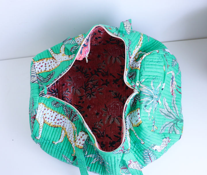 Dark Green Safari print weekender bag - Boho quilted bags - Overnight duffle bags