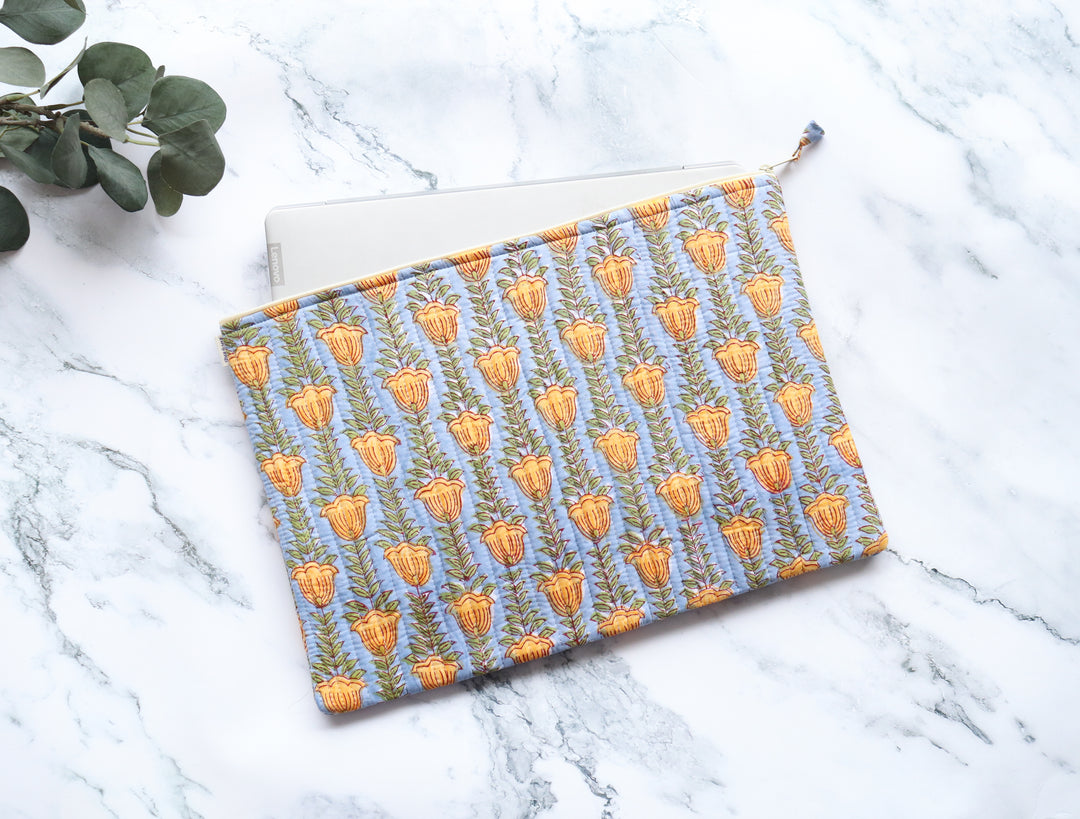 Block print Laptop sleeves - Quilted Laptop cover - 13 inch, 14 inch & 15 inch - Blue and yellow tulips