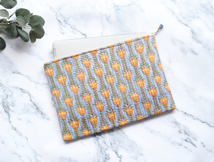 Block print Laptop sleeves - Quilted Laptop cover - 13 inch, 14 inch & 15 inch - Blue and yellow tulips