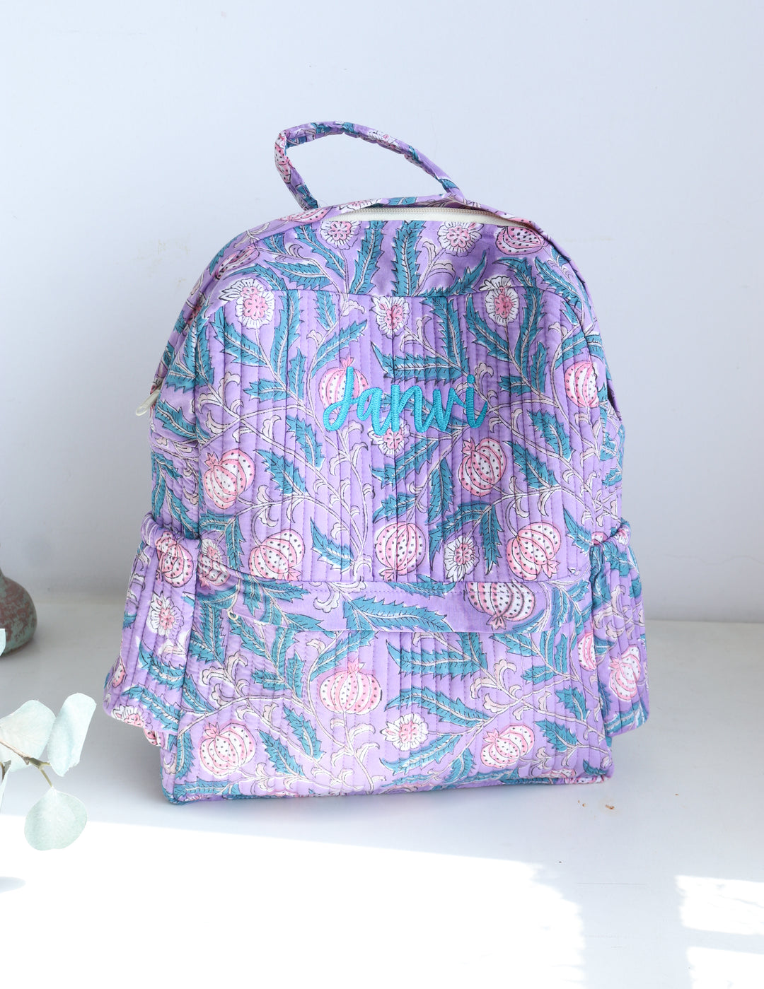 Personalized Kids Quilted block print toddler back pack - Purple Floral