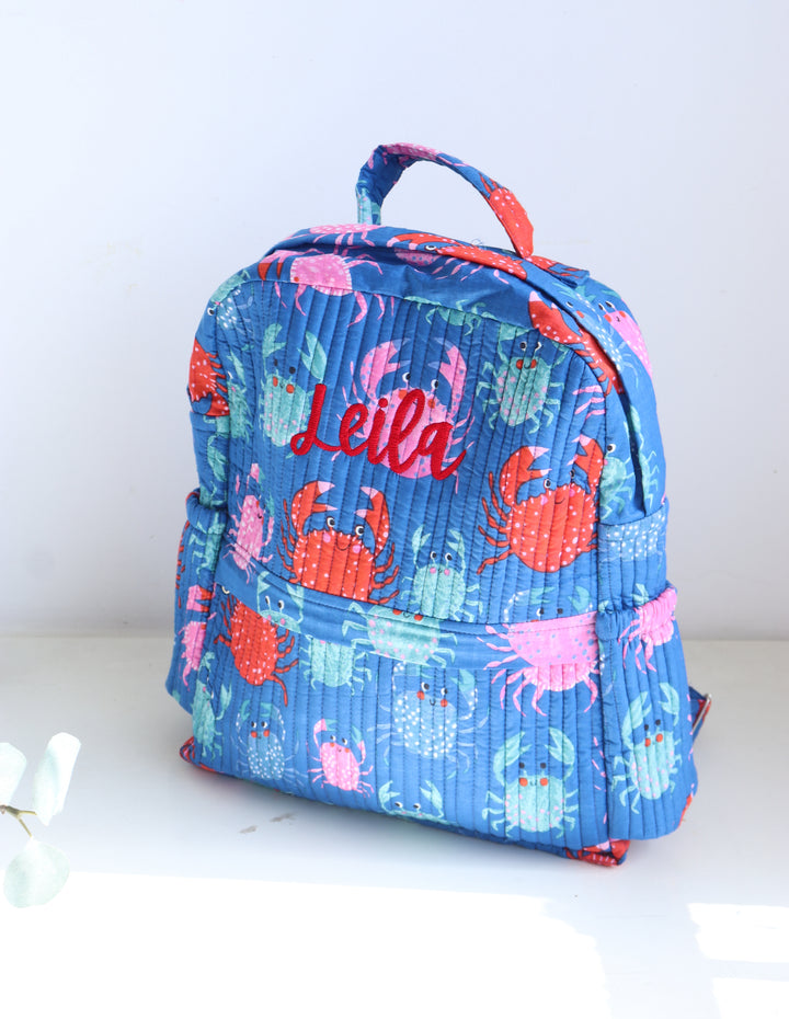 Personalized Kids Quilted block print toddler back pack - Blue Crabs