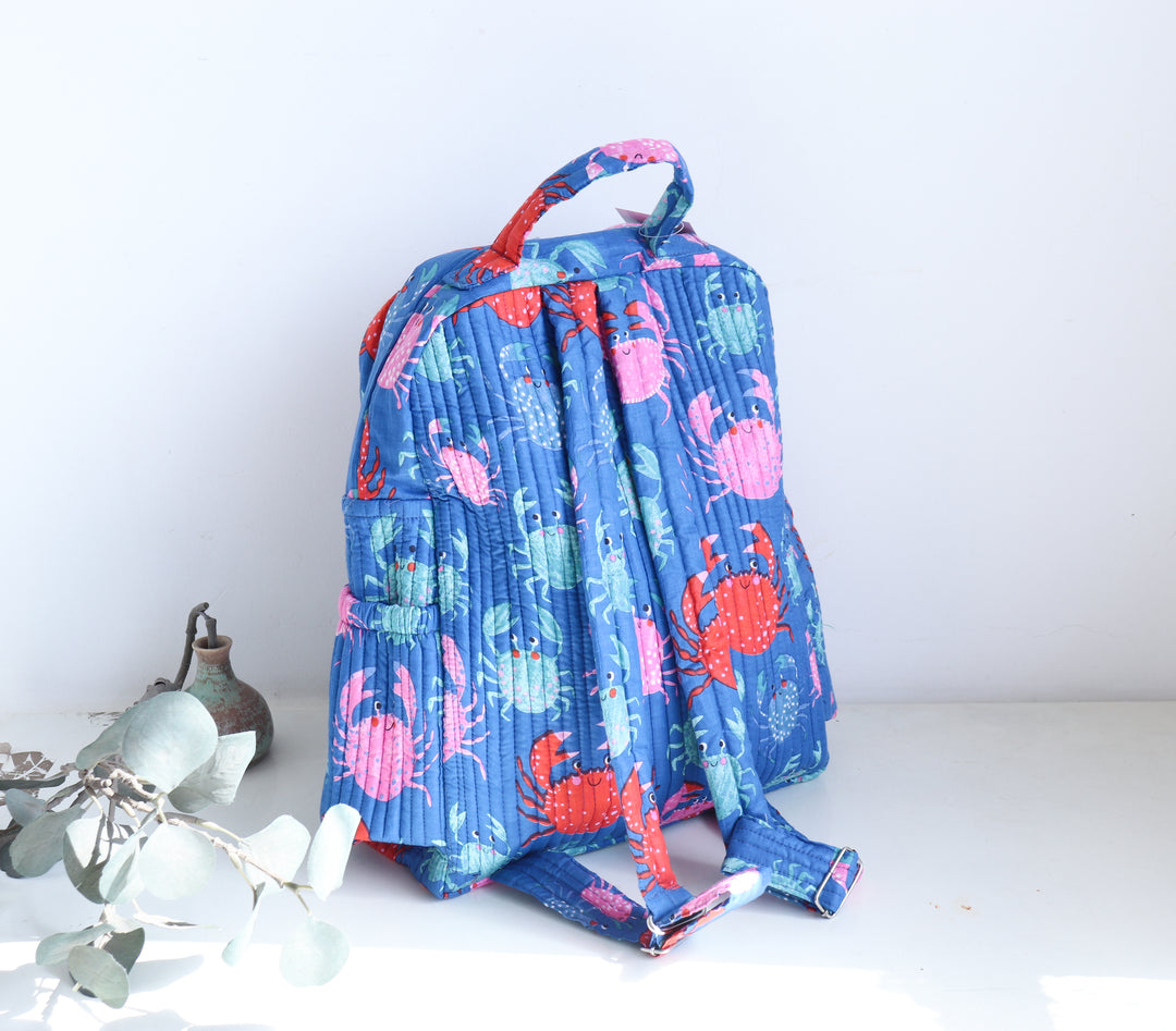 Personalized Kids Quilted block print toddler back pack - Blue Crabs