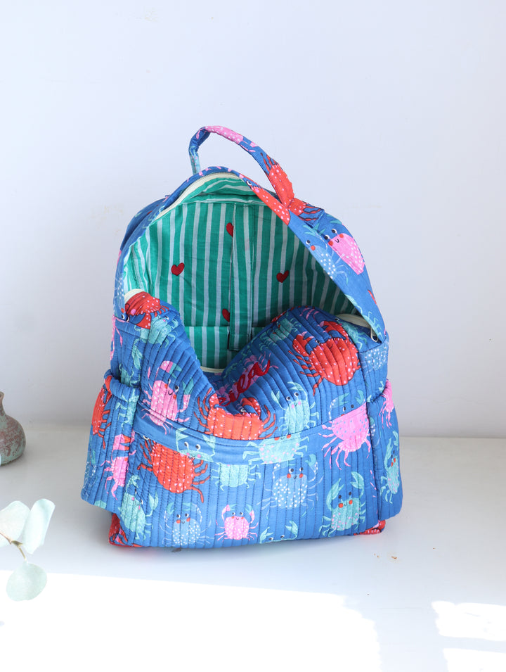 Personalized Kids Quilted block print toddler back pack - Blue Crabs
