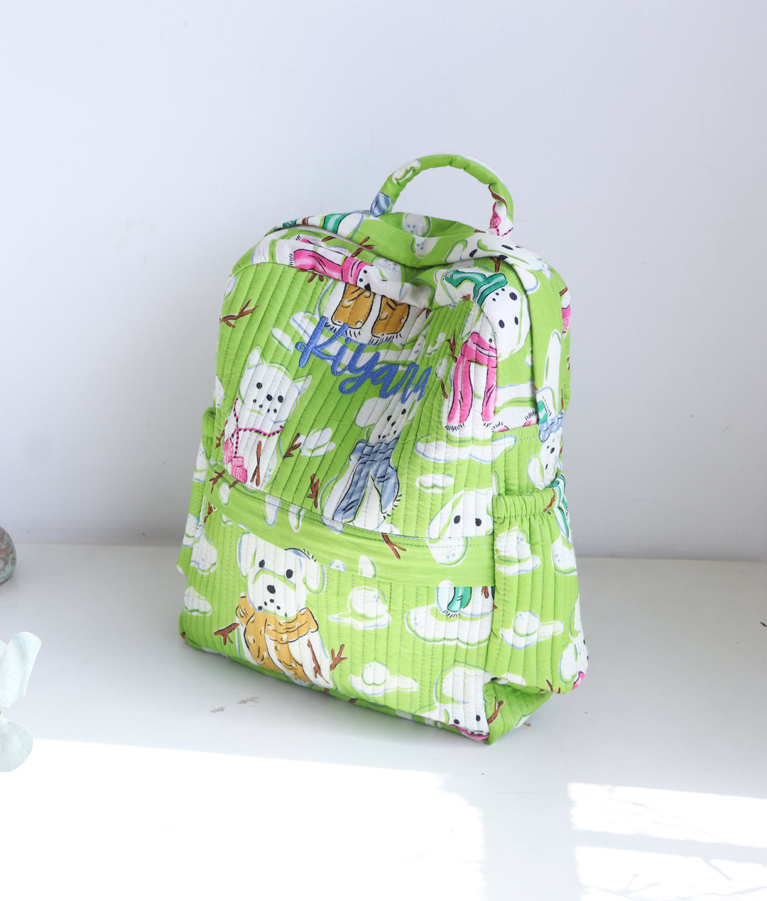 Personalized Kids Quilted block print toddler back pack - Green Snow Dogs