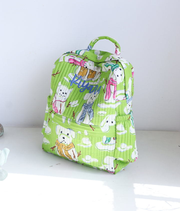 Personalized Kids Quilted block print toddler back pack - Green Snow Dogs
