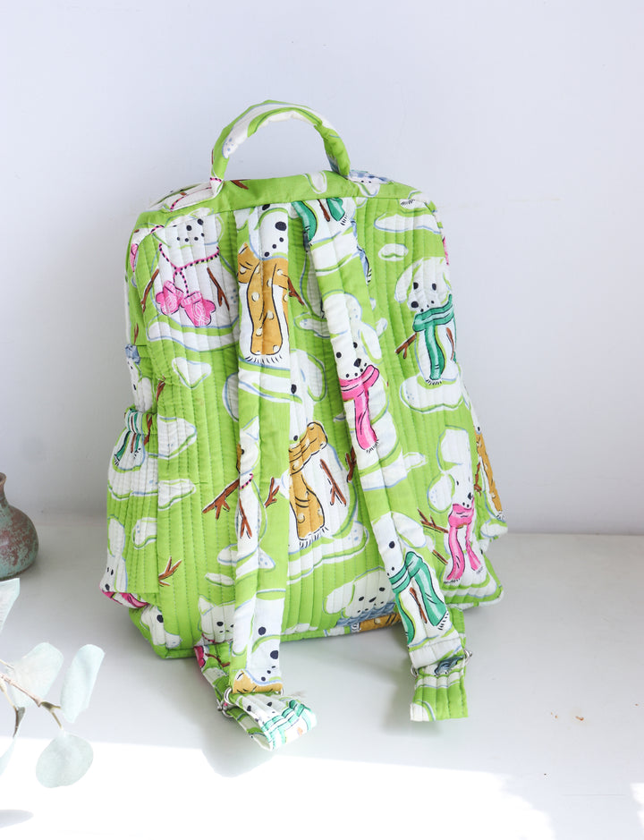 Personalized Kids Quilted block print toddler back pack - Green Snow Dogs