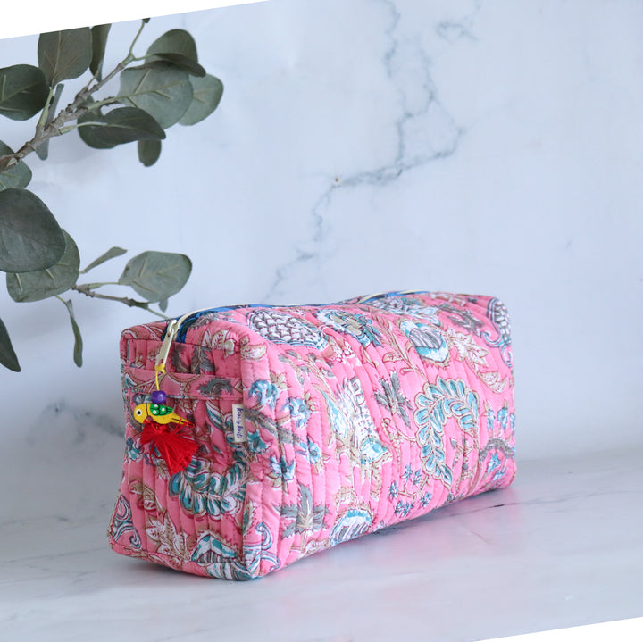 Medium Cosmetic bag - Makeup bag - Block print fabric travel pouch- Pink Rose Vines