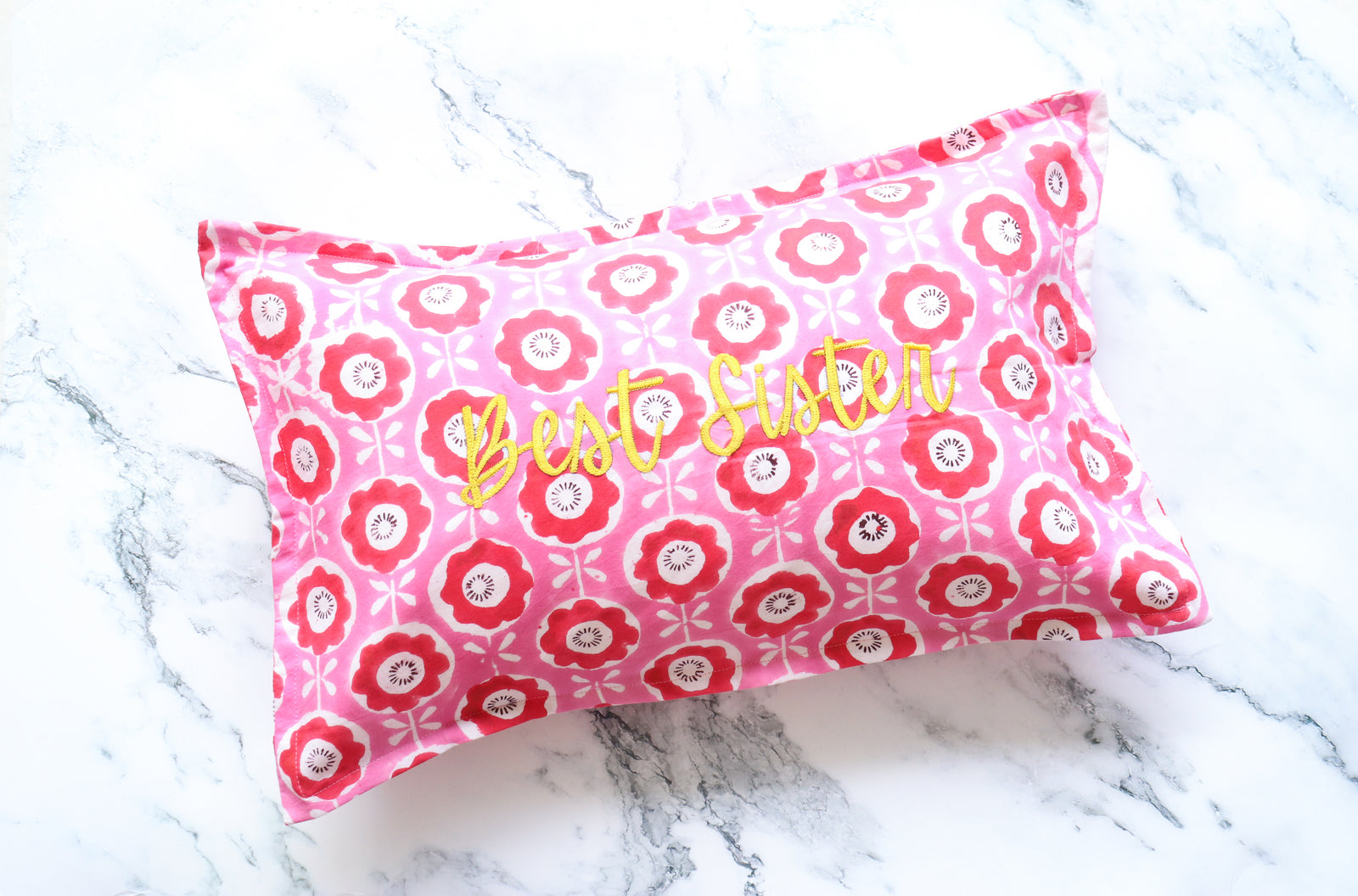 Best Sister Block print Word Pillow - Embroidery on Block print fabric - 12x20 inches - Decorative Cushions by Kari by Kriti
