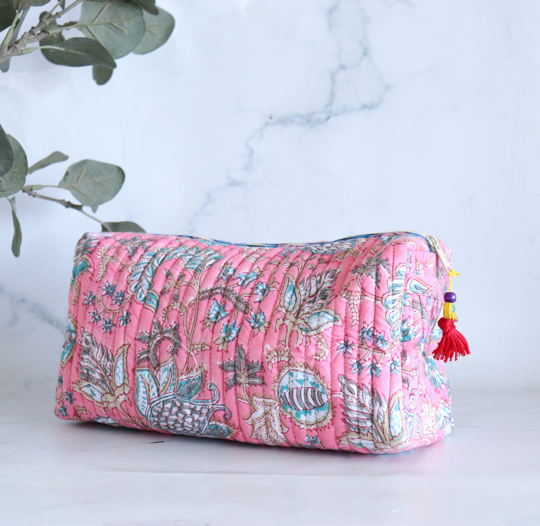 Large Cosmetic bag - Makeup bag - Block print fabric travel pouch-  Pink ditsy