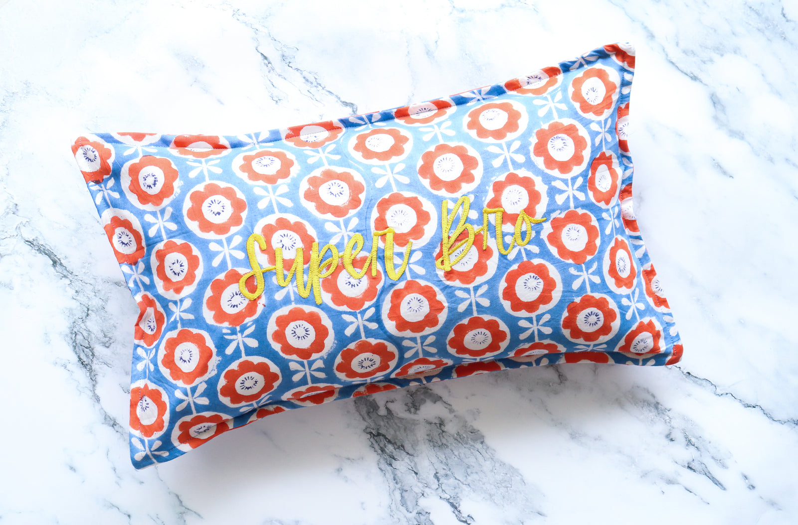 Super Bro Block print Word Pillow - Embroidery on Block print fabric - 12x20 inches - Decorative Cushions by Kari by Kriti