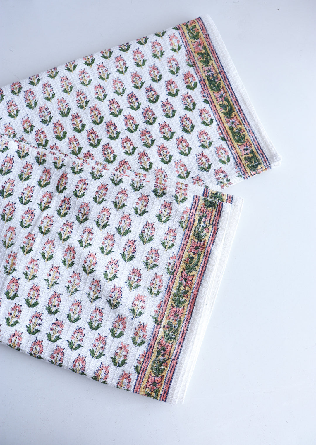 Set of 2 waffle kitchen towels - Block print dish towels - Tiny Peach Flowers