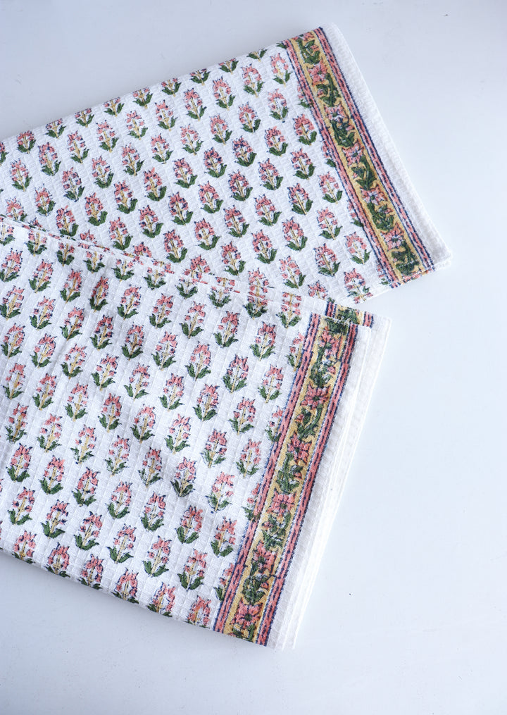 Set of 2 waffle kitchen towels - Block print dish towels - Tiny Peach Flowers