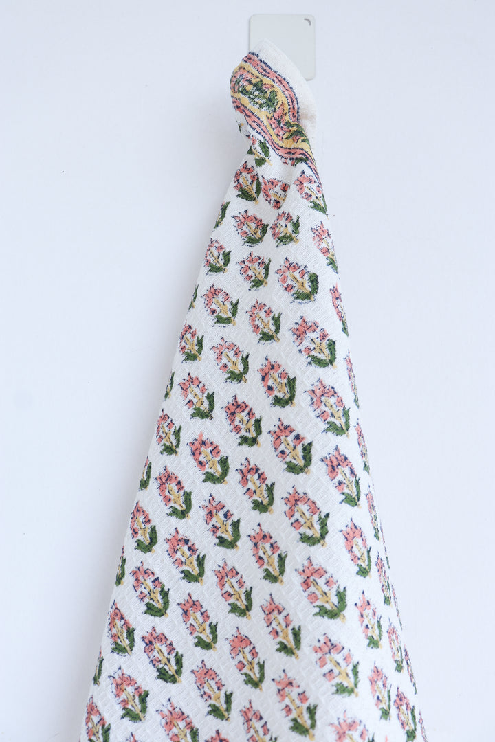 Set of 2 waffle kitchen towels - Block print dish towels - Tiny Peach Flowers