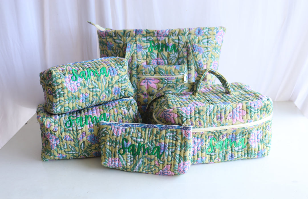 Set of 5 Personalised Tote &amp; Pouch Gift Set - Green Floral
