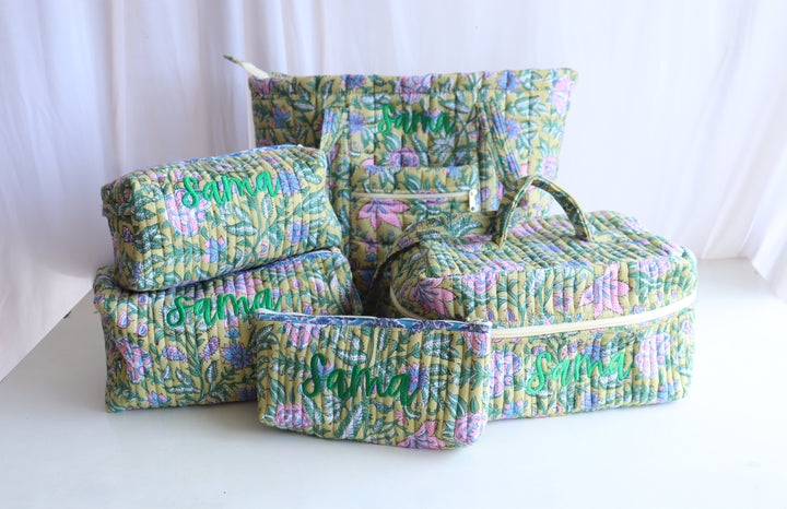 Set of 5 Personalised Tote &amp; Pouch Gift Set - Green Floral