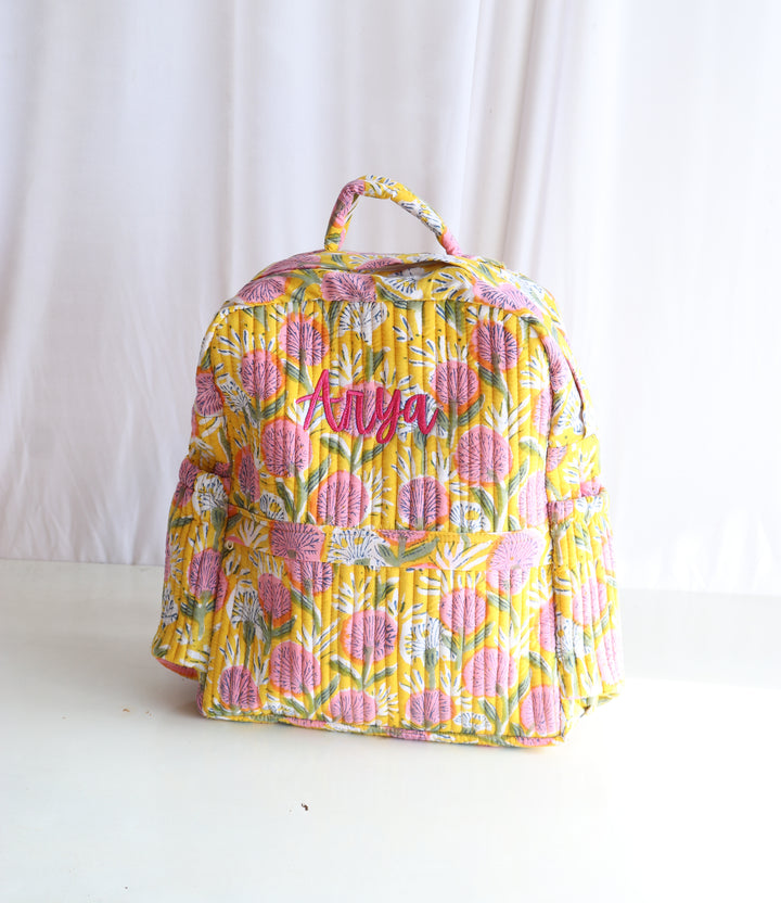 Personalized Kids Quilted block print toddler back pack - Bright Yellow Floral