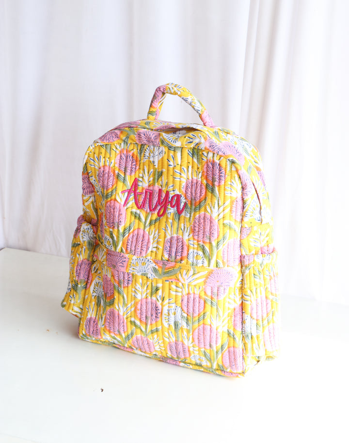 Personalized Kids Quilted block print toddler back pack - Bright Yellow Floral