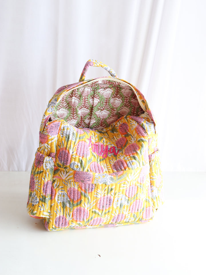 Personalized Kids Quilted block print toddler back pack - Bright Yellow Floral