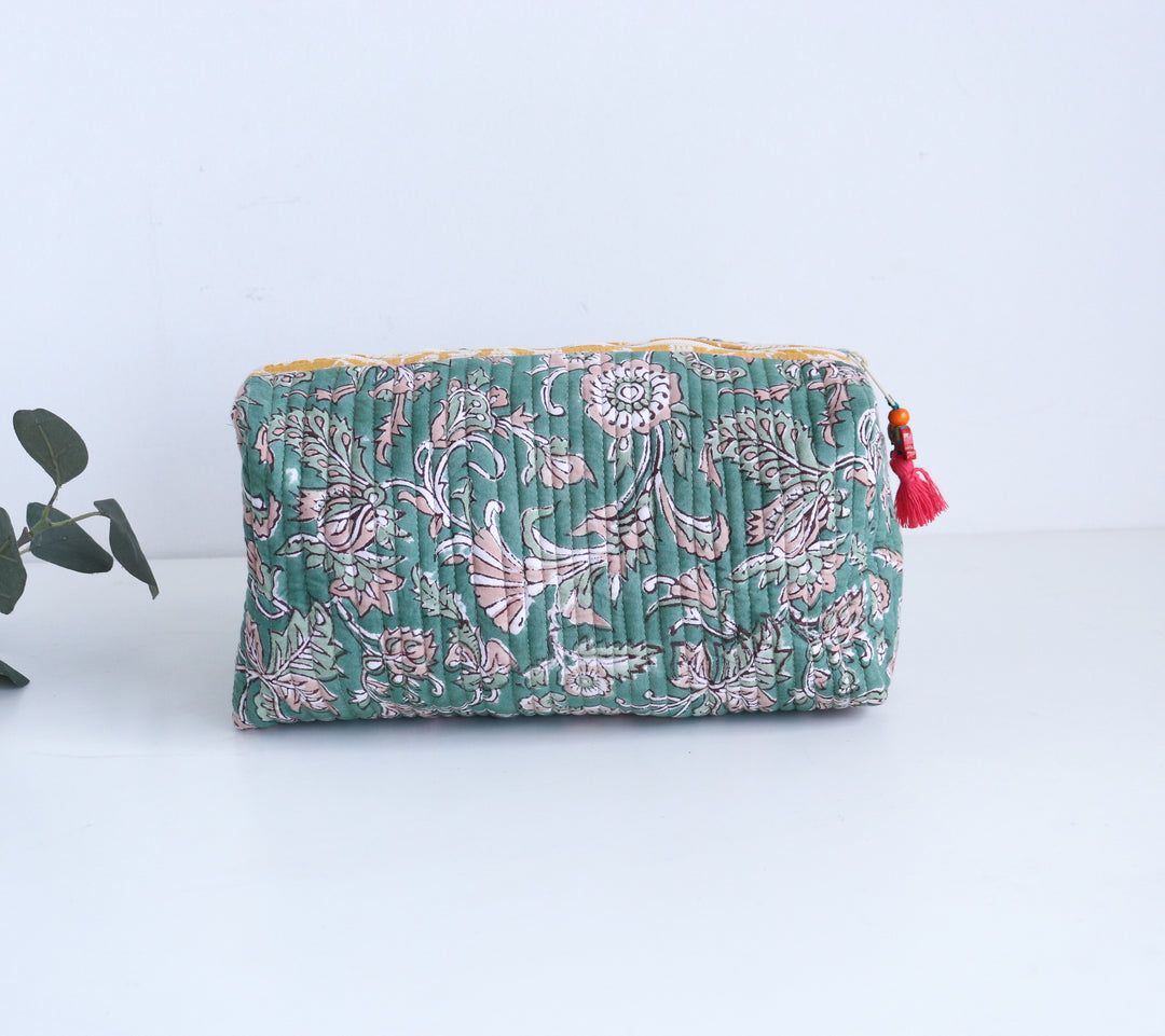 Block print make up bags - Set of 3 - Green Vines