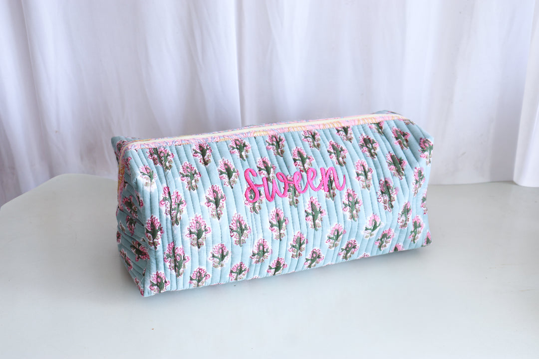 Personalized Dyson Airwrap Organizer Bag - Block print light blue