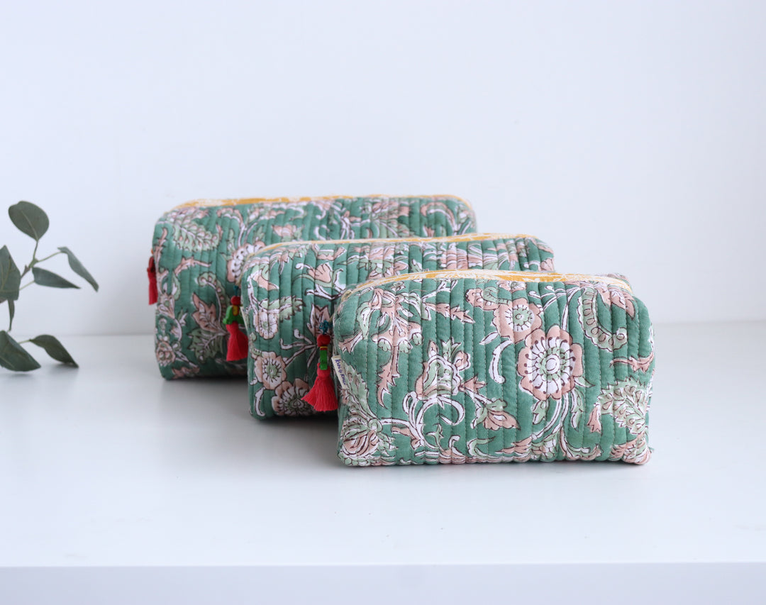 Block print make up bags - Set of 3 - Green Vines