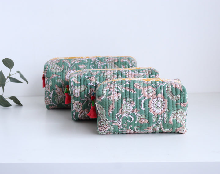 Block print make up bags - Set of 3 - Green Vines