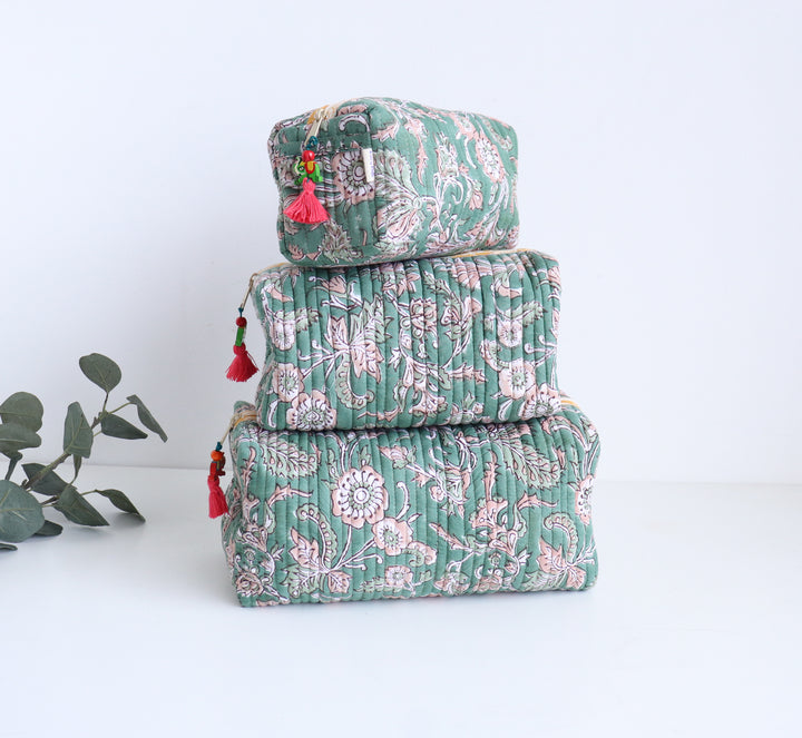 Block print make up bags - Set of 3 - Green Vines