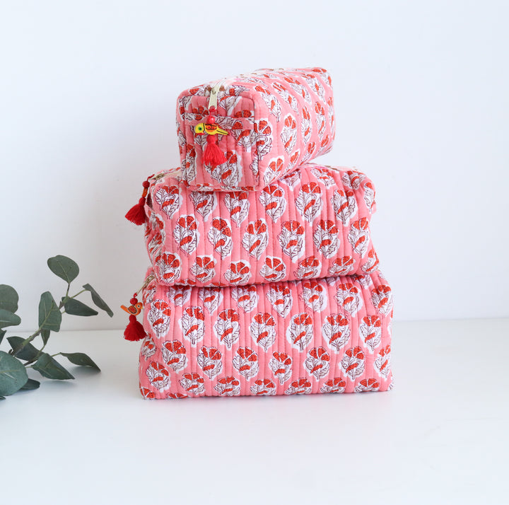 Block print make up bags - Set of 3 - Peach & Pink