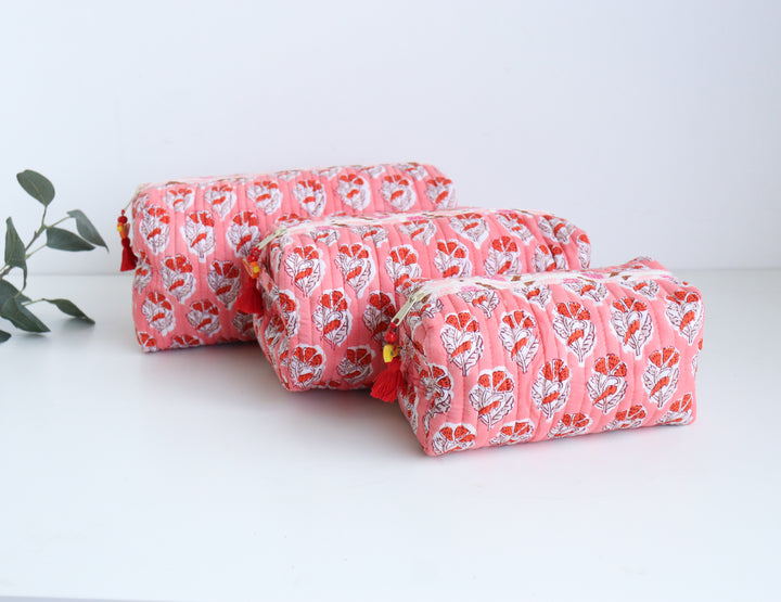 Block print make up bags - Set of 3 - Peach & Pink