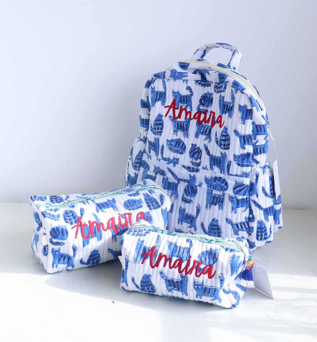 Personalized Quilted Cotton Kids Backpack &amp; Travel Pouch Gift Set – Blue Cat Print