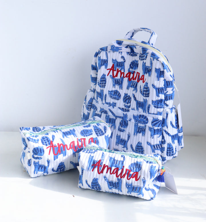 Personalized Quilted Cotton Kids Backpack &amp; Travel Pouch Gift Set – Blue Cat Print