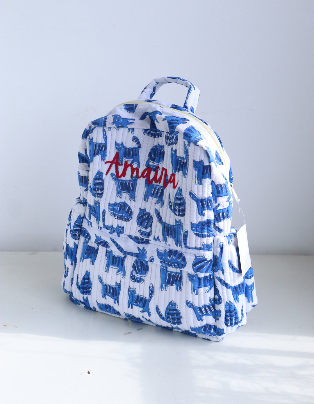 Personalized Quilted Cotton Kids Backpack &amp; Travel Pouch Gift Set – Blue Cat Print