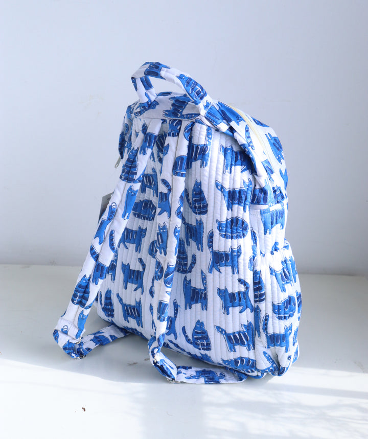Personalized Quilted Cotton Kids Backpack &amp; Travel Pouch Gift Set – Blue Cat Print