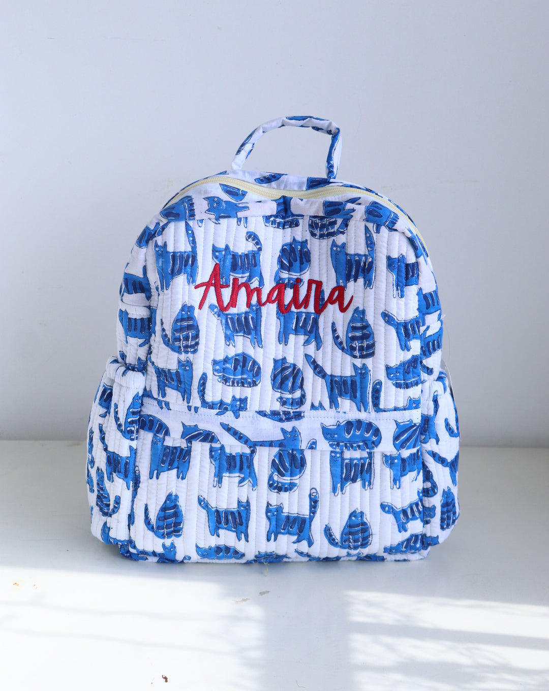 Personalized Quilted Cotton Kids Backpack &amp; Travel Pouch Gift Set – Blue Cat Print