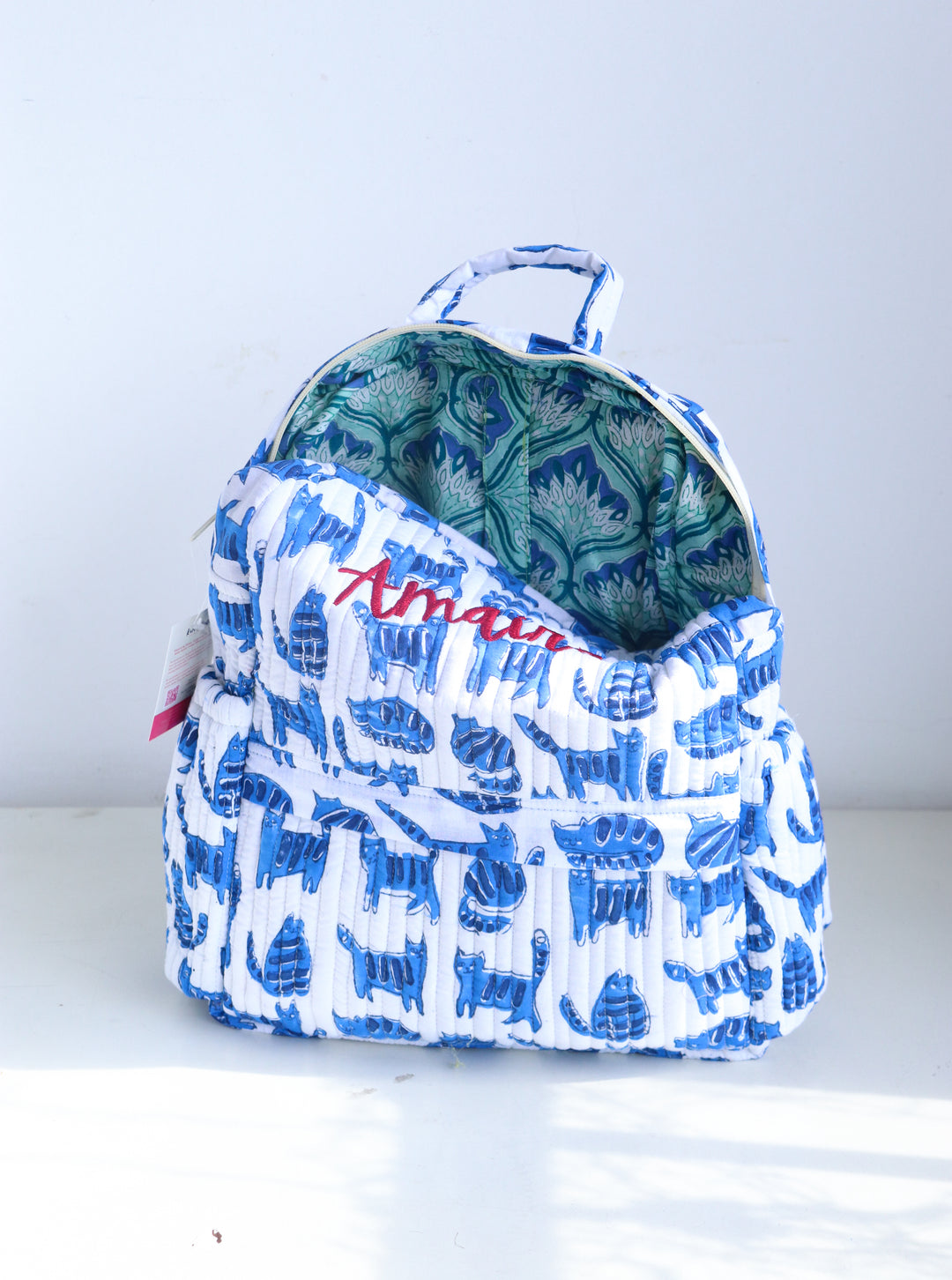 Personalized Quilted Cotton Kids Backpack &amp; Travel Pouch Gift Set – Blue Cat Print