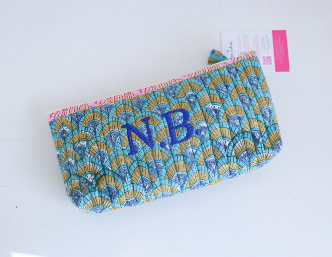 Personalized Block Print Quilted Pencil Pouch - Custom Name