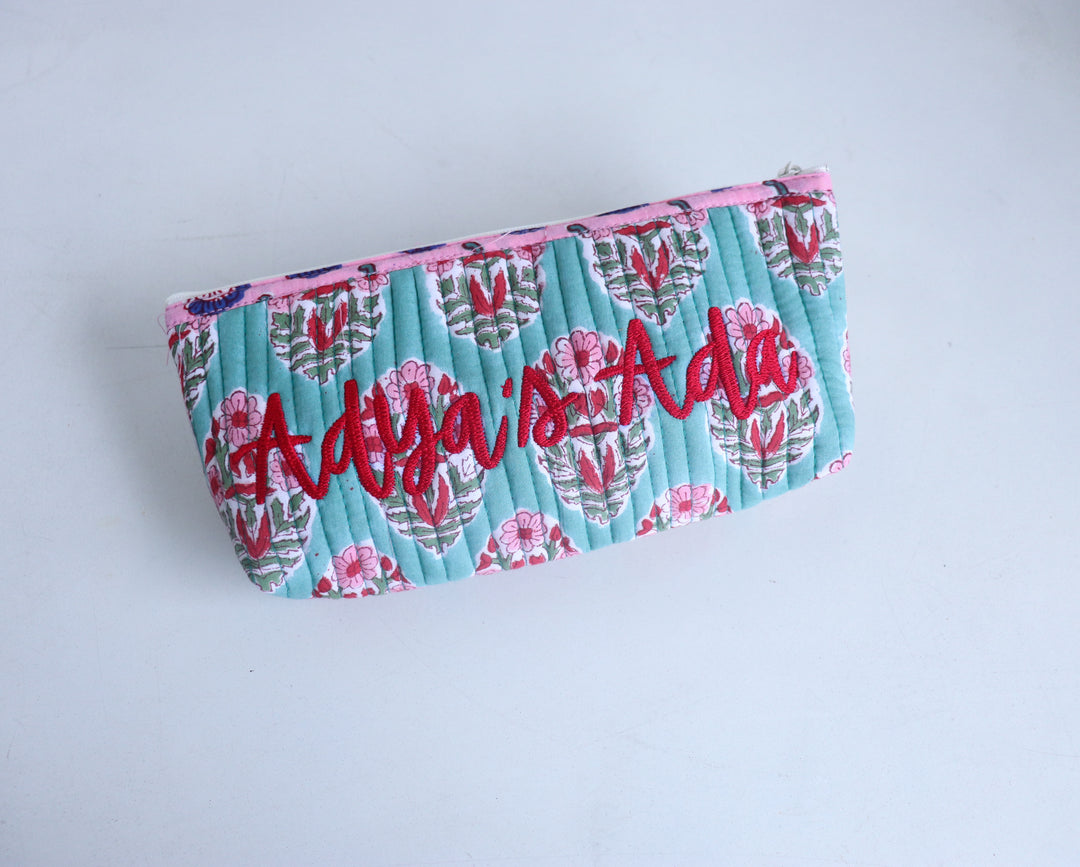 Personalized Block Print Quilted Pencil Pouch - Custom Name