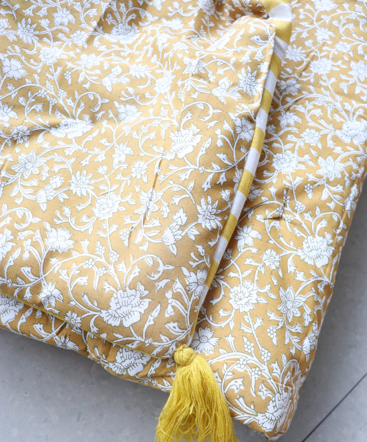 Reversible Block Print Floor Mattress - Yellow &amp; Stripes - 3x6 Feet