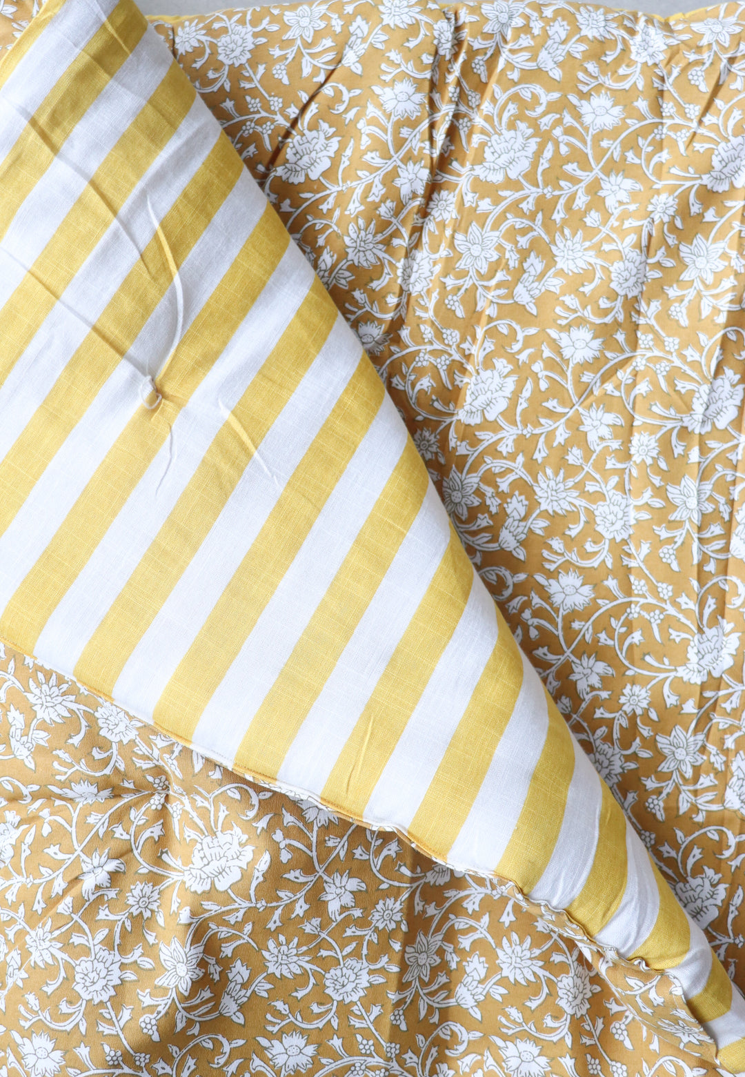 Reversible Block Print Floor Mattress - Yellow &amp; Stripes - 3x6 Feet