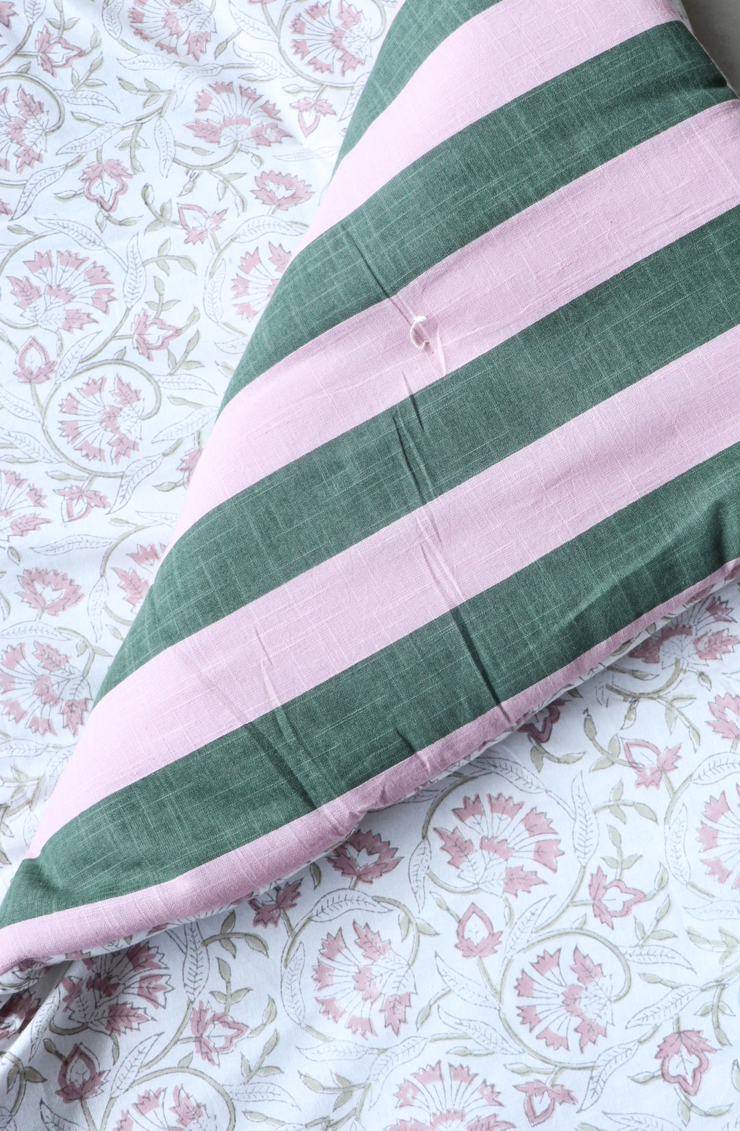 Reversible Block Print Floor Mattress - Light Pink &amp; Stripes - 3x6 Feet