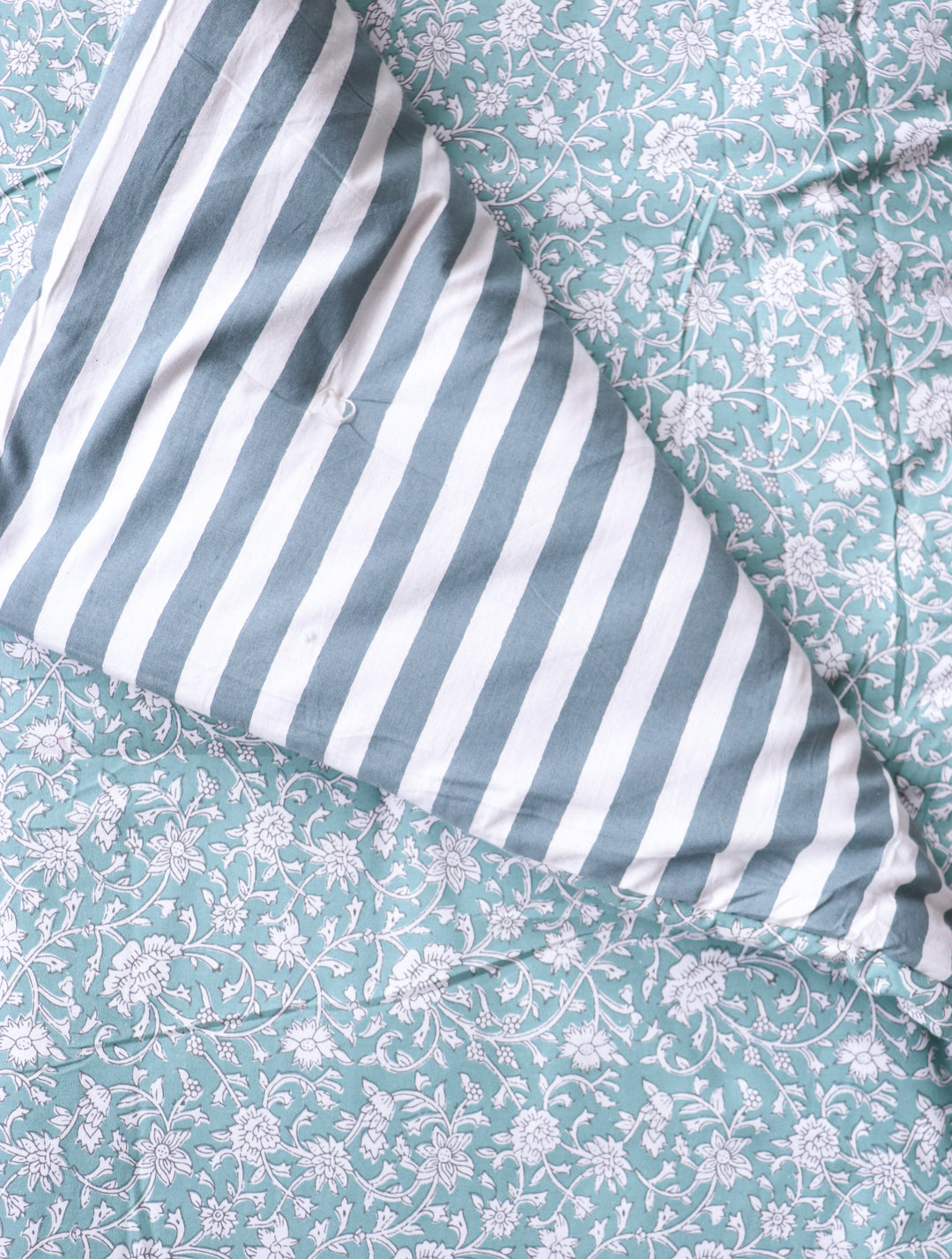 Reversible Block Print Floor Mattress - Turquoise &amp; Stripes - 3x6 Feet