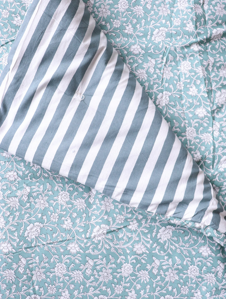 Reversible Block Print Floor Mattress - Turquoise &amp; Stripes - 3x6 Feet