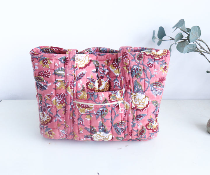 Block Print Multi Pocket Tote Bag - Terracota Floral - Quilted Women&