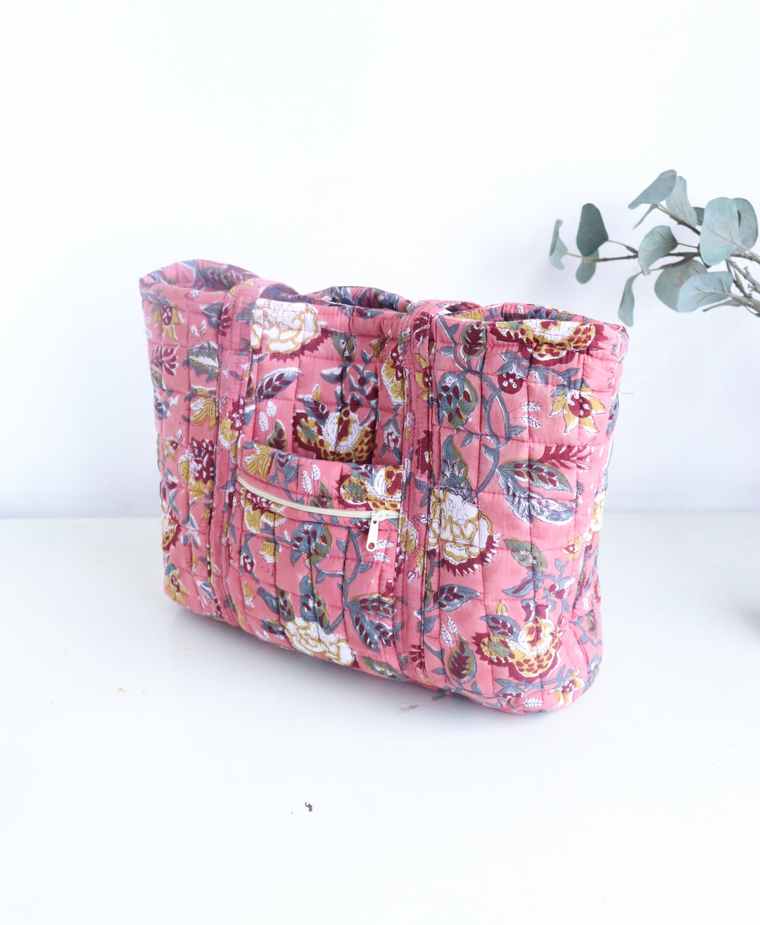 Block Print Multi Pocket Tote Bag - Terracota Floral - Quilted Women&