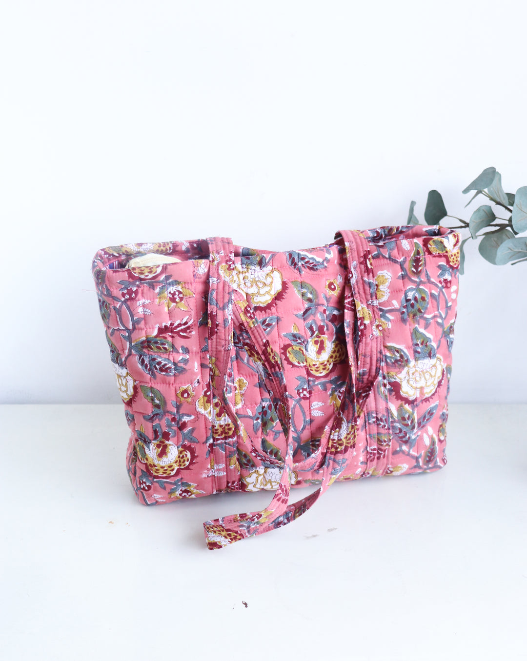 Block Print Multi Pocket Tote Bag - Terracota Floral - Quilted Women&