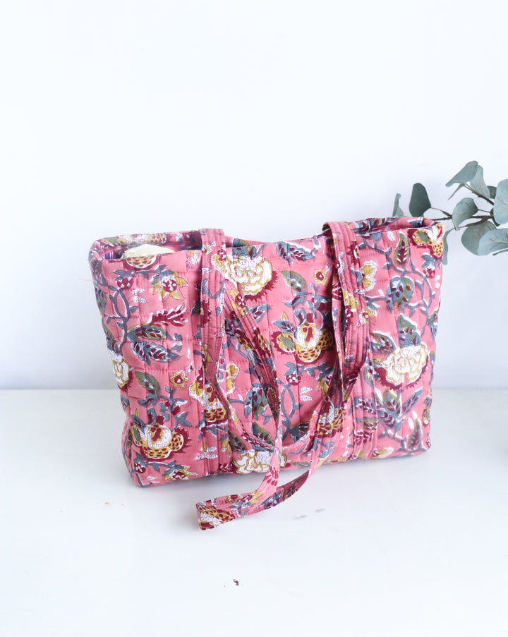 Block Print Multi Pocket Tote Bag - Terracota Floral - Quilted Women&