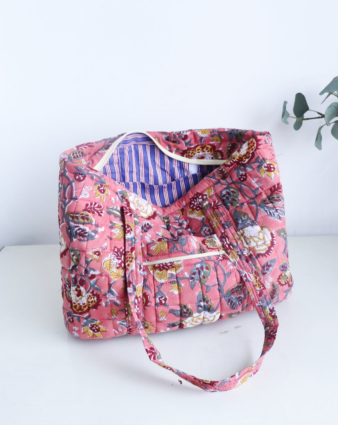 Block Print Multi Pocket Tote Bag - Terracota Floral - Quilted Women&