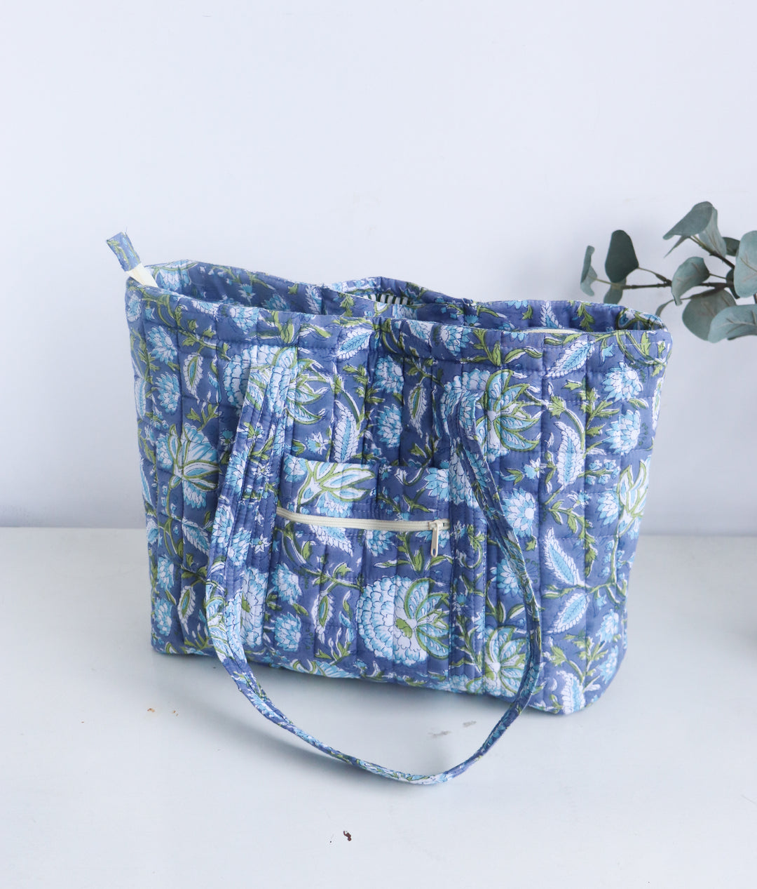 Block Print Multi Pocket Tote Bag - Blue Floral - Quilted Women&