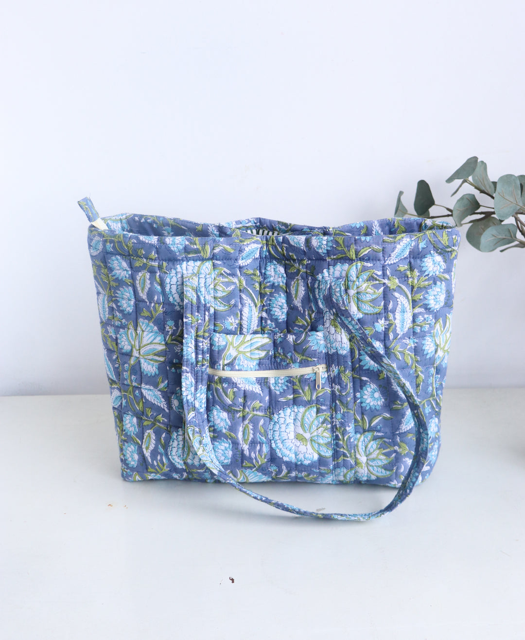 Block Print Multi Pocket Tote Bag - Blue Floral - Quilted Women&
