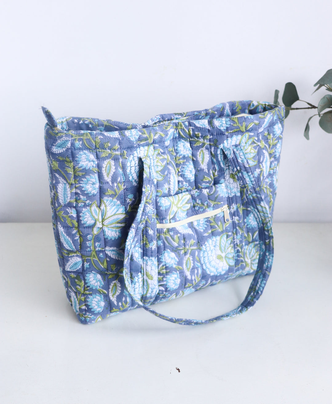 Block Print Multi Pocket Tote Bag - Blue Floral - Quilted Women&